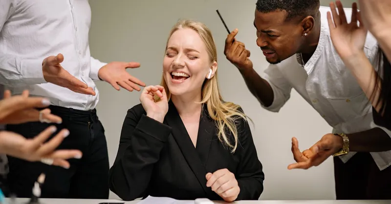 Conceptual image of office conflict with a woman facing workplace pressure surrounded by colleagues.