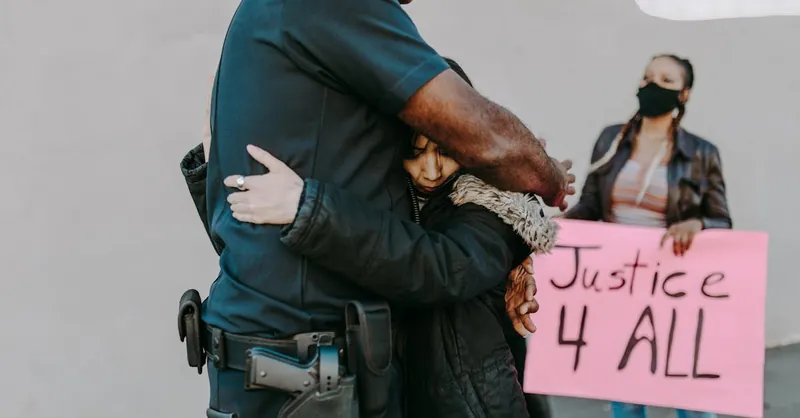 A police officer hugs a protester during a justice rally as another holds a sign reading 