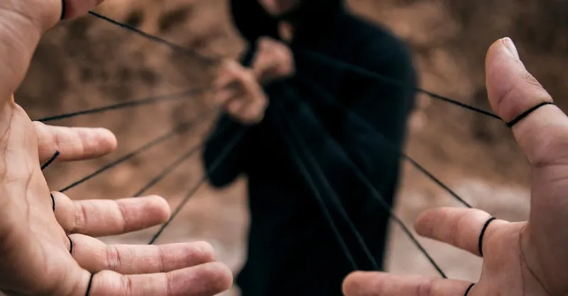 Conceptual image of a man controlling hands with strings, reflecting manipulation.
