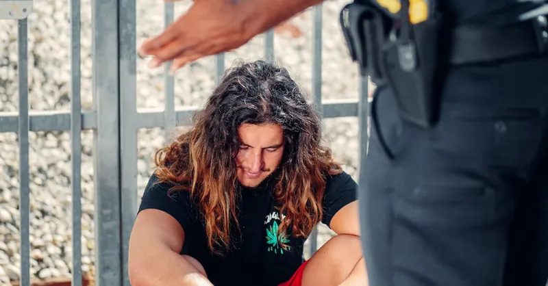 A police interaction with a seated man outside showing a tense moment.
