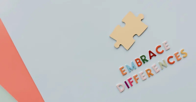 Colorful letters and puzzle piece promoting diversity and inclusion.