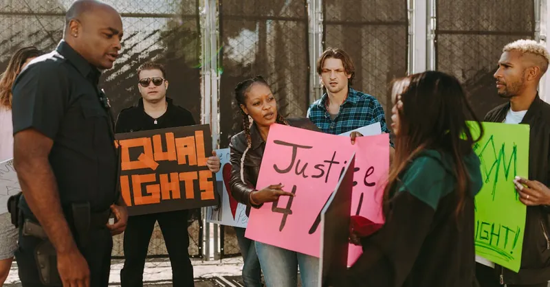 Protesters holding signs demand justice and equal rights in street confrontation with a policeman.